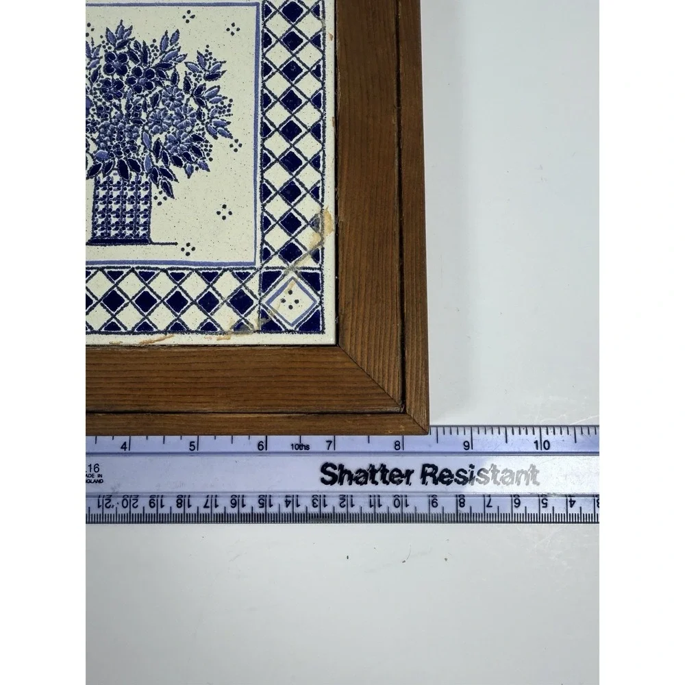 Ceramic Tile Trivet Kitchen Plaque Wood Frame 8.5